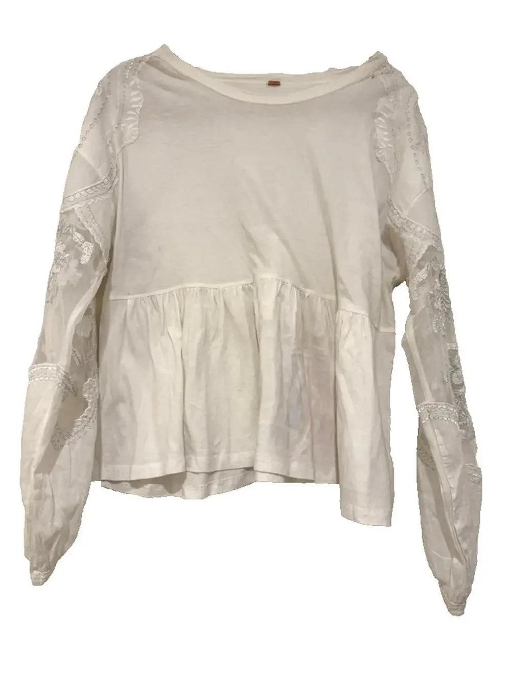 Free People sz L white cotton long sleeve lace embroidered shirt #3322 no sz tag